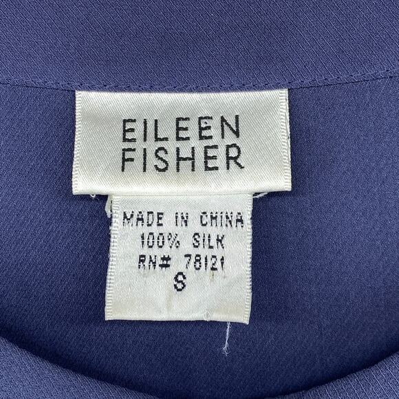 EILEEN FISHER Top S 90s Silk Twill Blouse One Button Long Sleeve Blue Vintage - Picture 5 of 14